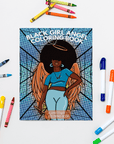 Black woman coloring angel illustration from the Black Girl Angel Coloring Book by dakari Moon – creative soul care art for women.