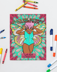 Black girl butterfly illustration from Black Girl Butterfly Coloring Book by dakari Moon – soul care coloring book for women.