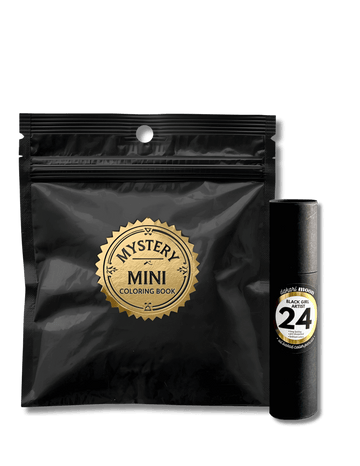 Black Girl Mystery Mini Coloring Book and 24-count Black Girl Artist Color Pencils set — vibrant melanin-friendly art pencils beside a surprise dakari Moon mini coloring book for creative self-care and soulful coloring.